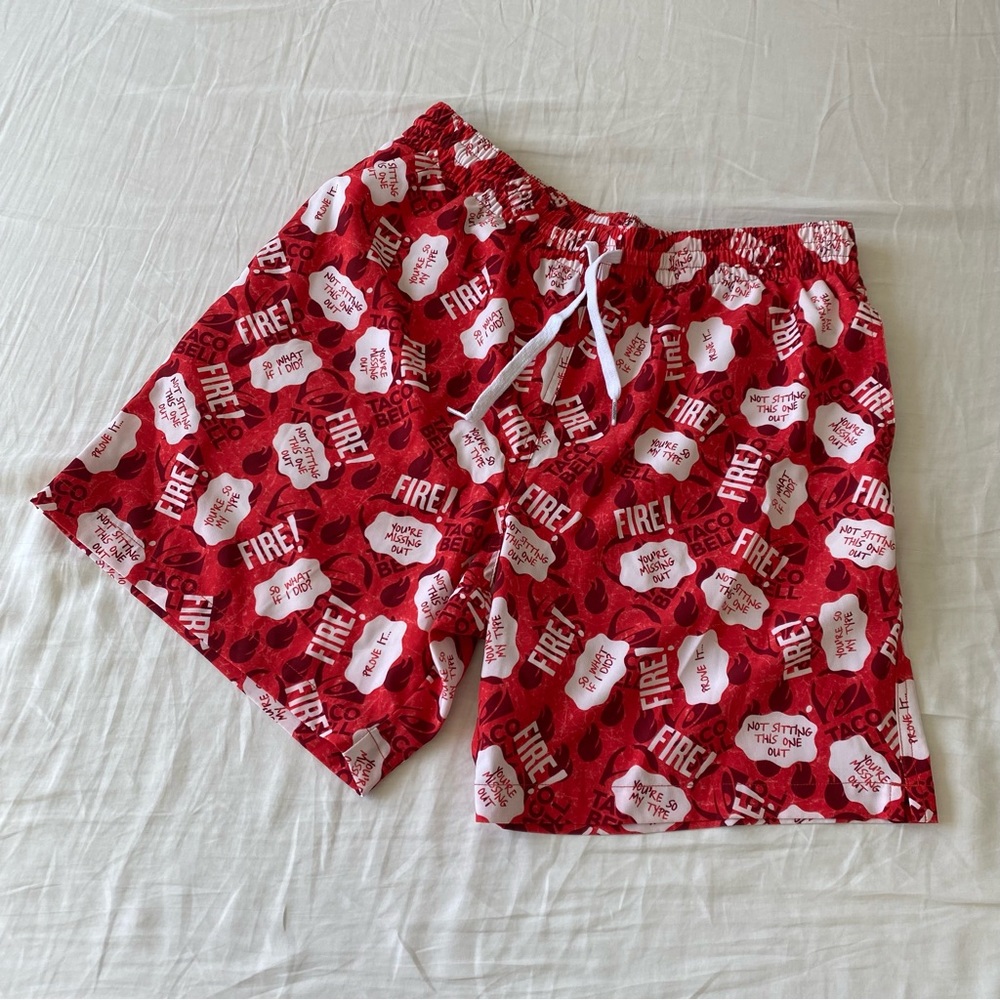 Taco Bell Fire Sauce Lined Swim Trunks with Pockets Sold Out